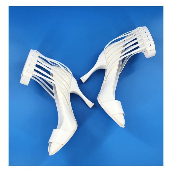 MISSONI NWOB Runway White Leather Caged Peep Toe Pumps Heels Ankle Strap NEW - Picture 7 of 11